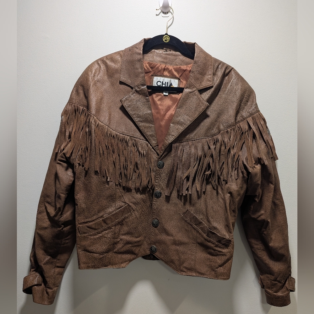 Vintage 1980s Chia Women's Brown Leather Fringe Jacket Large Festival Boho Chic